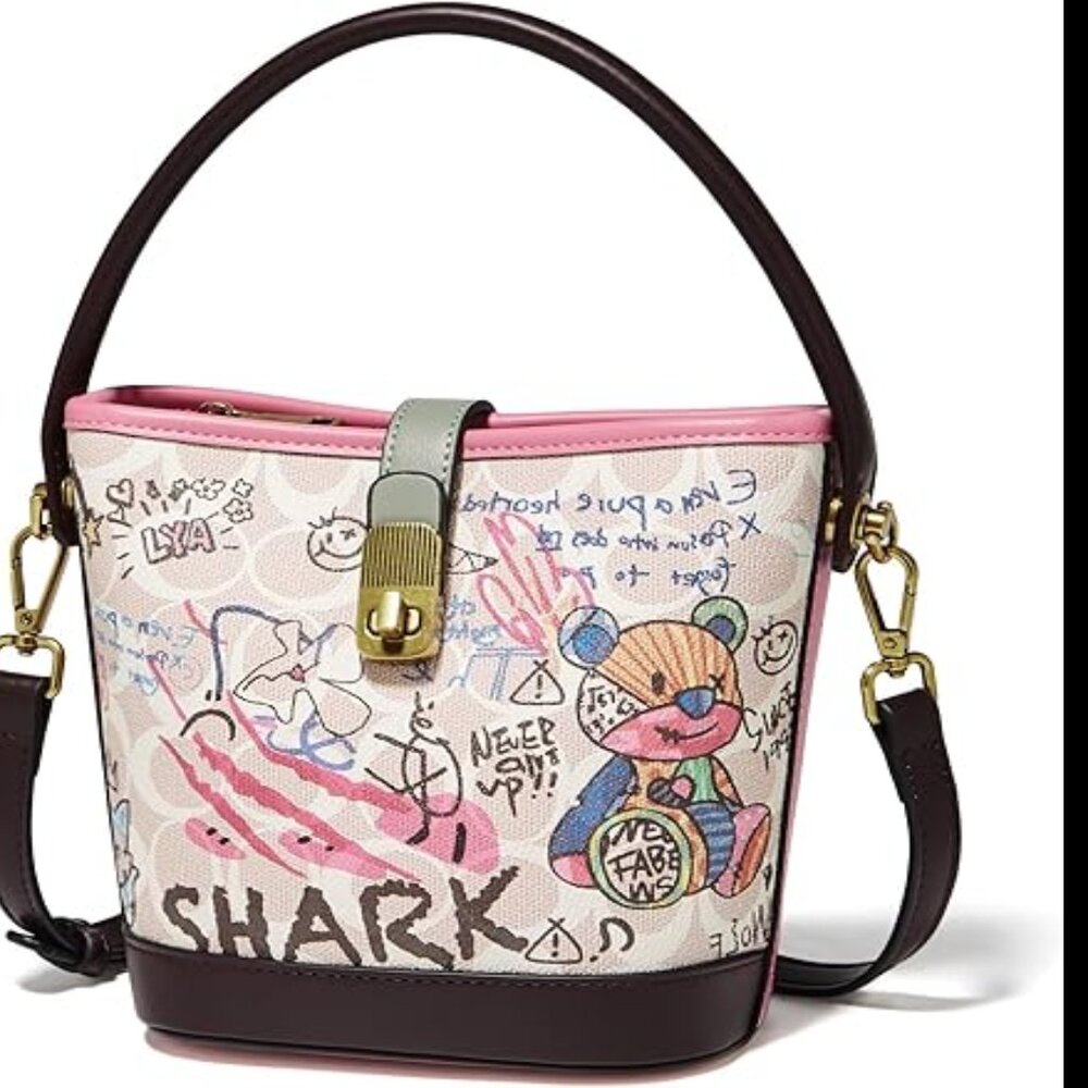 FOXLOVER Faux Leather/Fabric Bucket Small Crossbody Bag with Graffiti - NEW